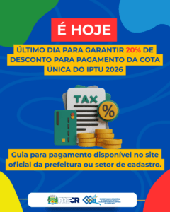 Vence hoje o prazo para pagar a cota única do IPTU com desconto de 20% em Costa Rica