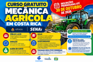 Atvos prorroga inscrições para curso gratuito de mecânica agrícola em Costa Rica até 30 de outubro